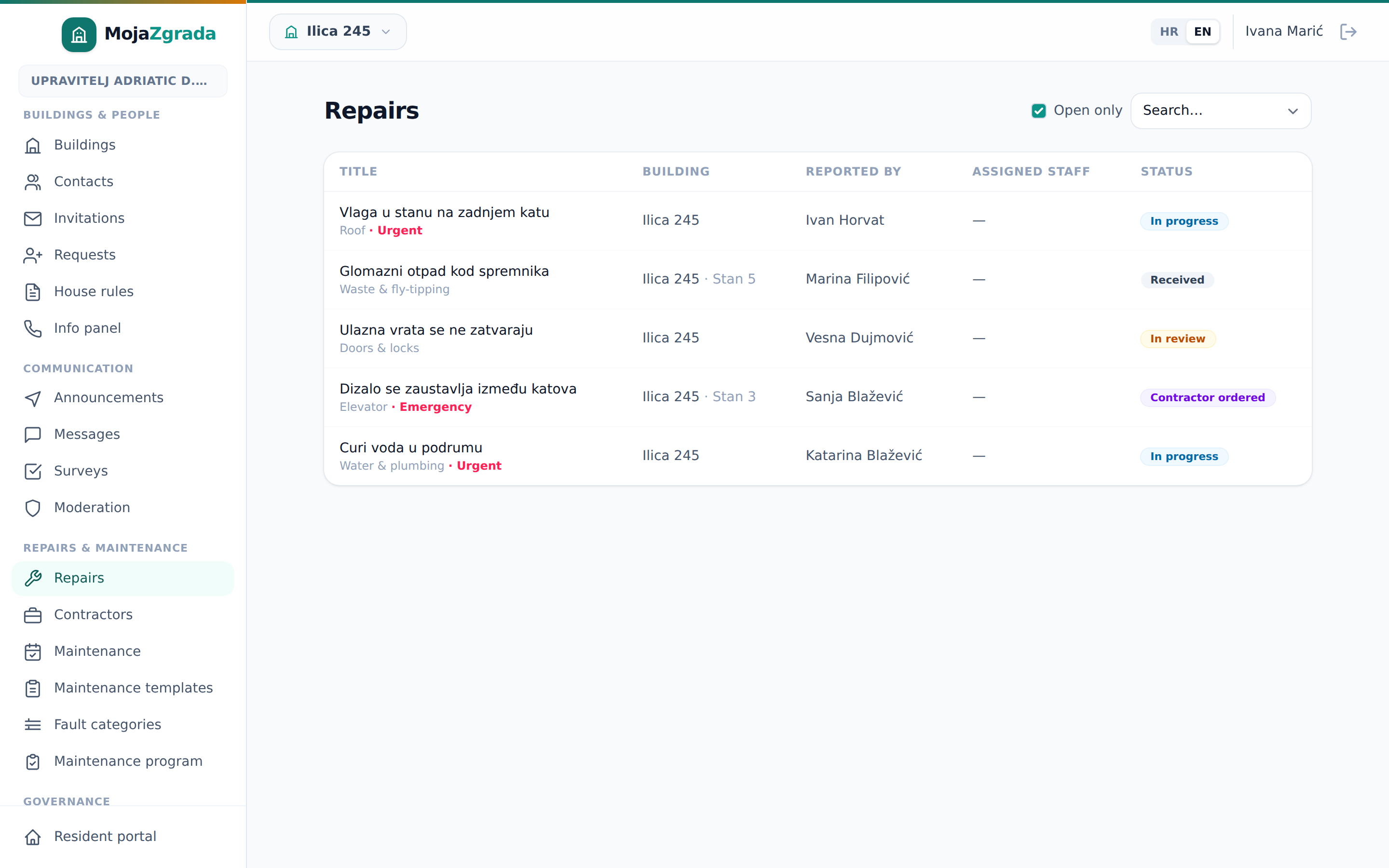 Fault reports listed by status