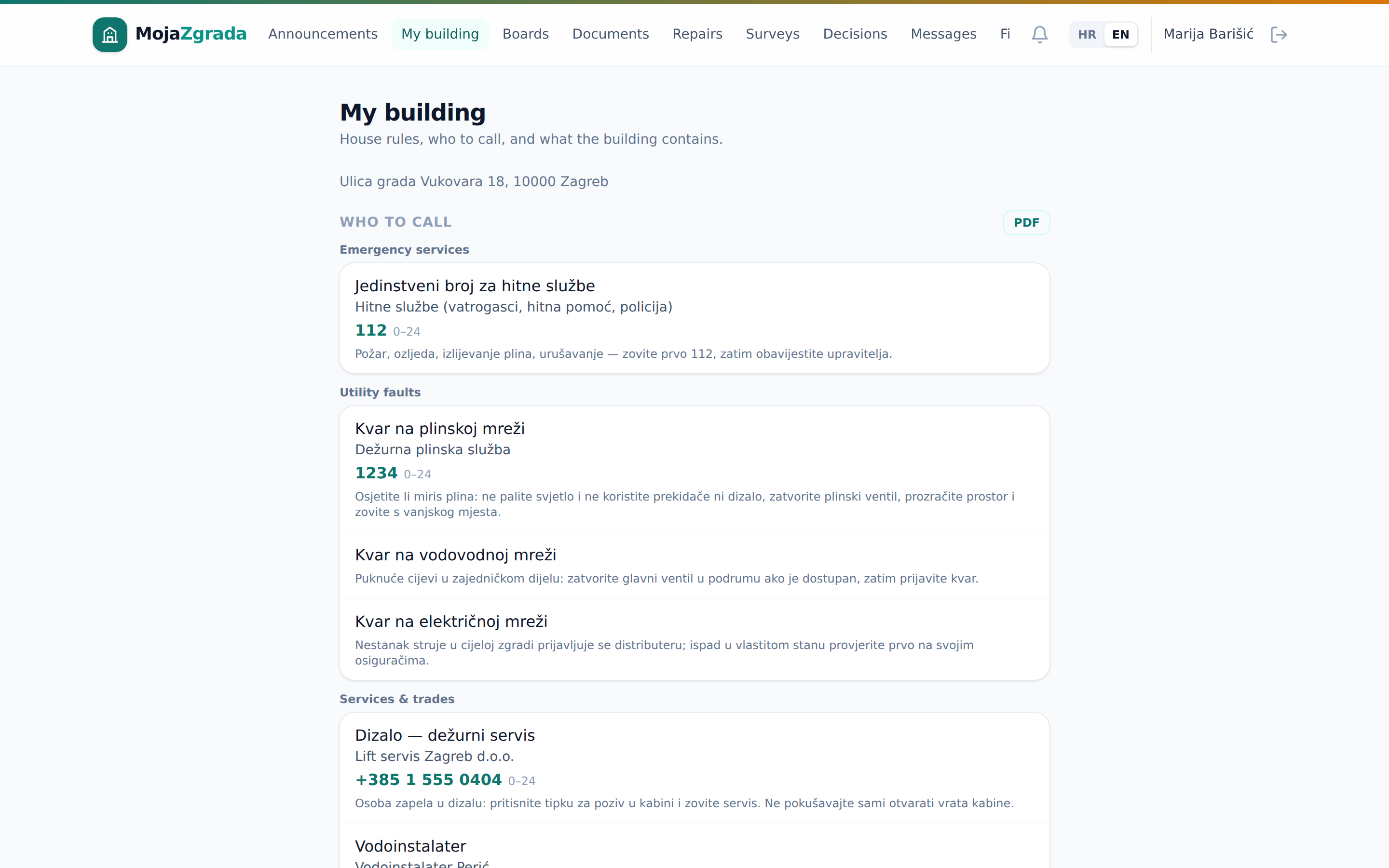 The resident portal's My building page — house rules and contacts